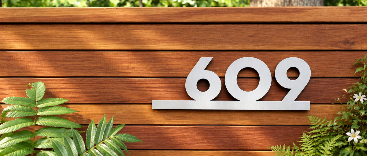 Brushed aluminum 609 house-number plaque mounted on warm natural cedar siding, framed by green foliage and white flowers.