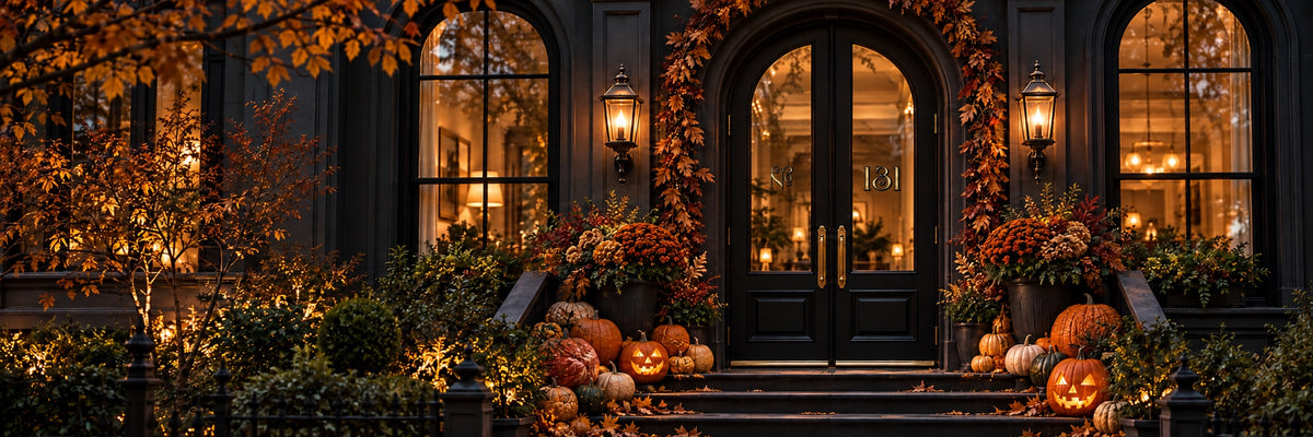A charcoal townhouse decorated with autumn leaves and glowing pumpkins, with gold Park Avenue No. 131 lettering on its glass double doors.