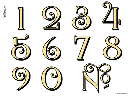Townhouse address numbers in gold by House Number Lab, Park Ave. style, 22K gold leaf vinyl decal - customize and order online at housenumberlab.com